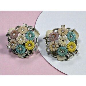 Vtg Floral Pastel Clip-On Earrings Silver Tone Enamel Flowers Rhinestones Easter